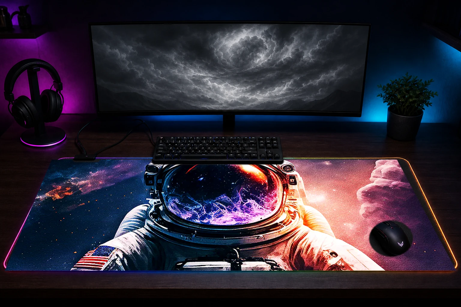 Astronaut in space RGB Desk Mat immersive setup scene