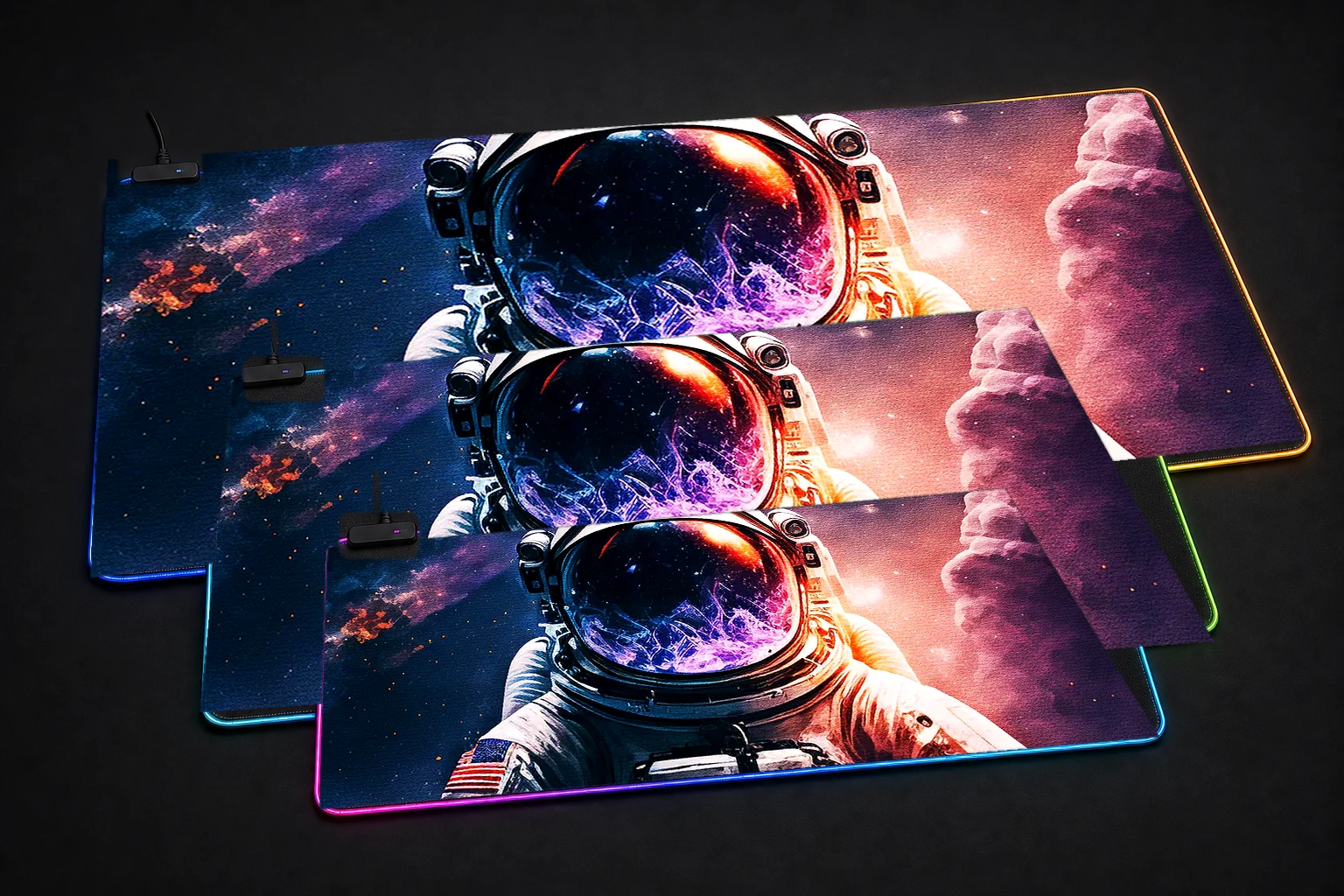 Astronaut in space RGB Desk Mat three-size comparison