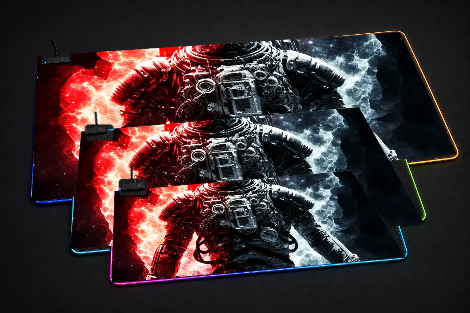 Astronaut Turbo Suit RGB Desk Mat three-size comparison
