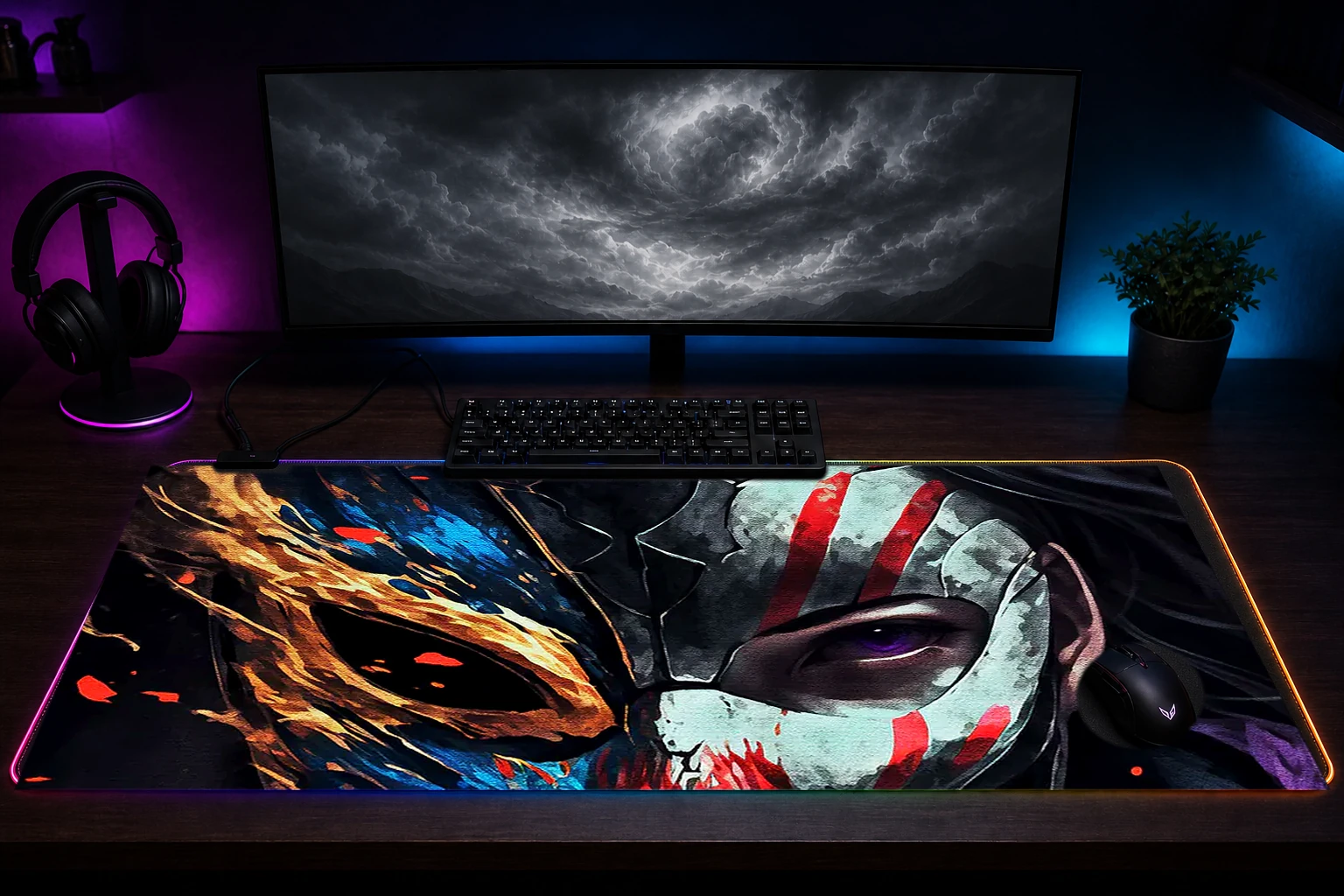 Mysterious Masked RGB Desk Mat immersive setup scene