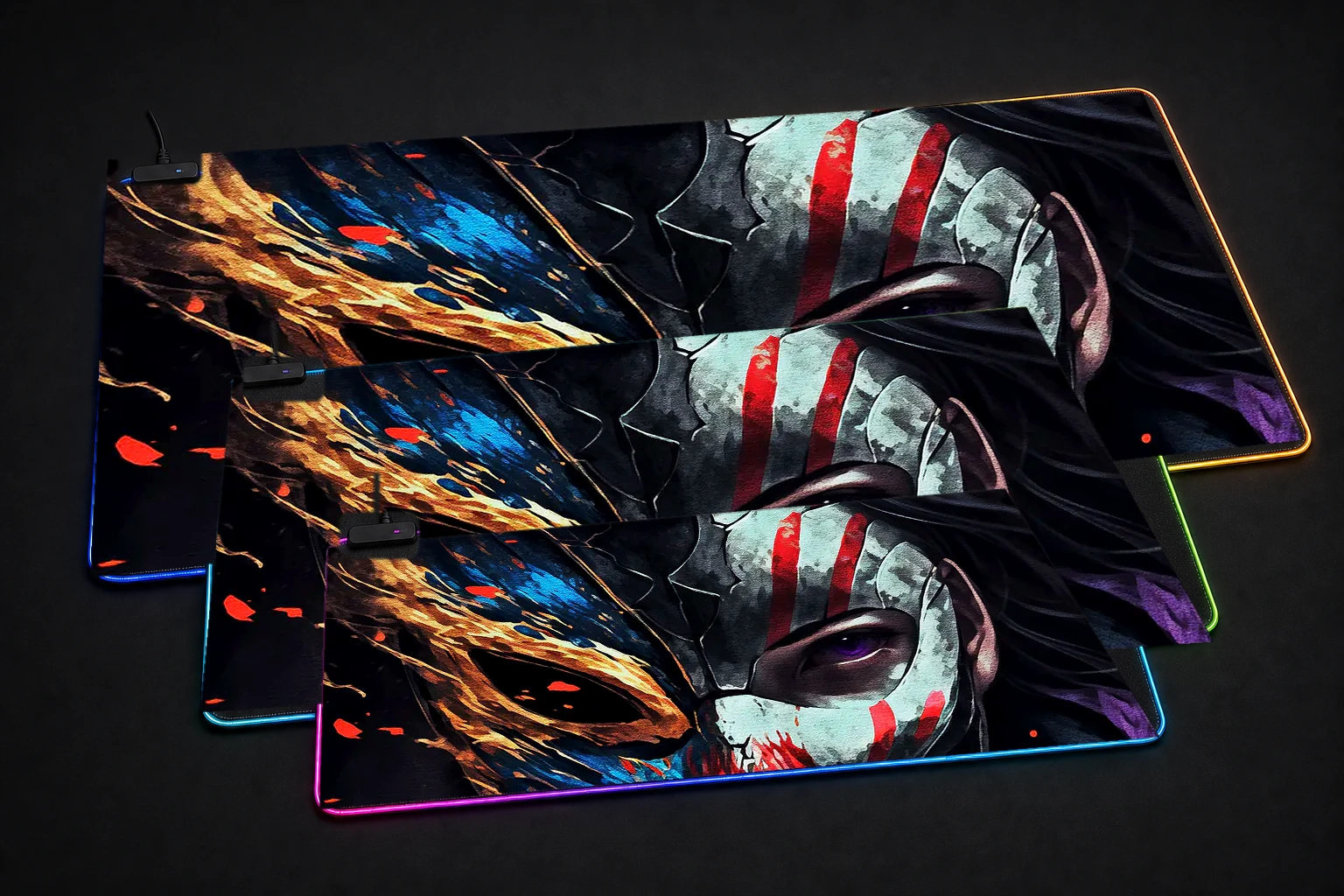 Mysterious Masked RGB Desk Mat three-size comparison