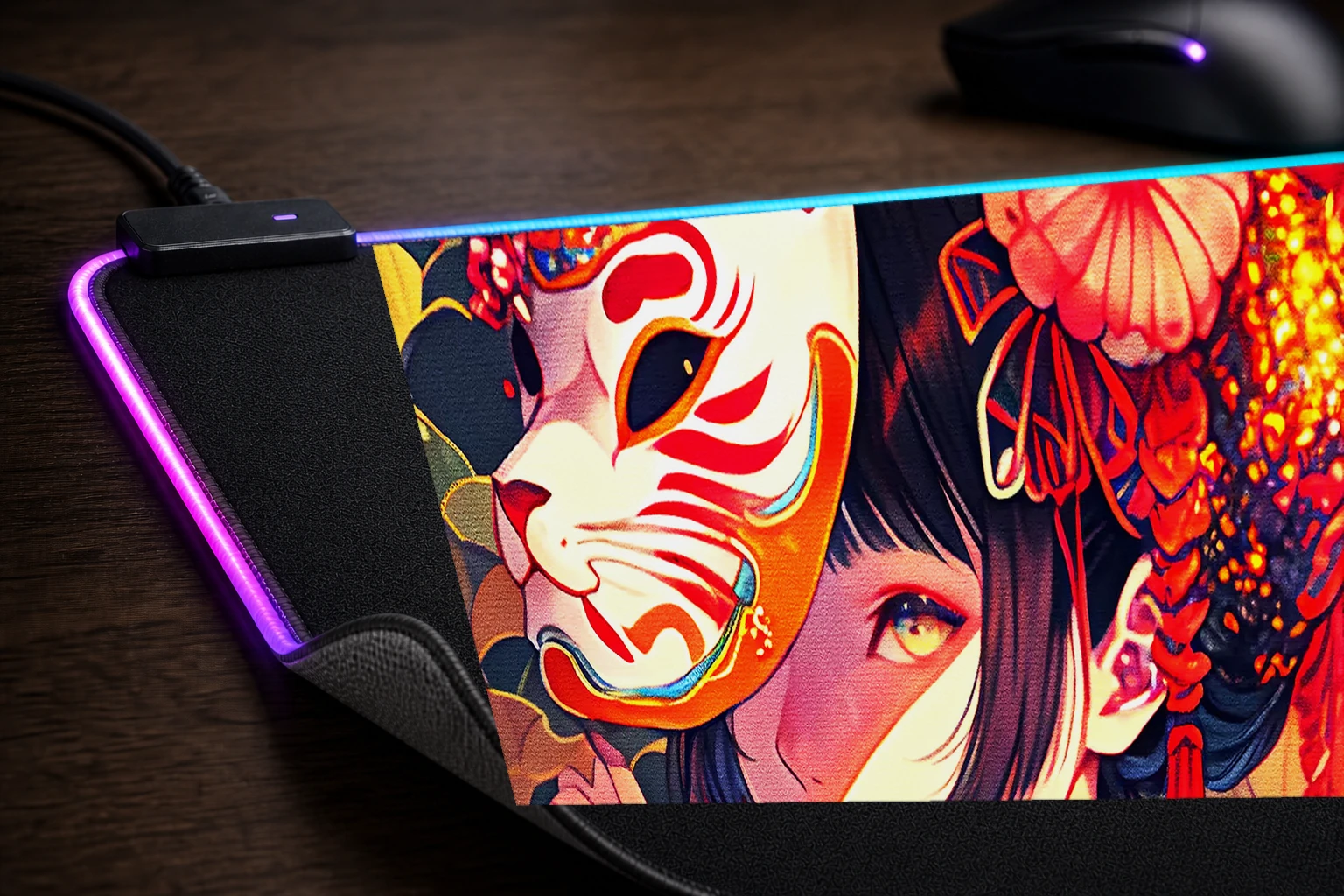 Cute girl wearing a mask RGB Desk Mat controller and material detail