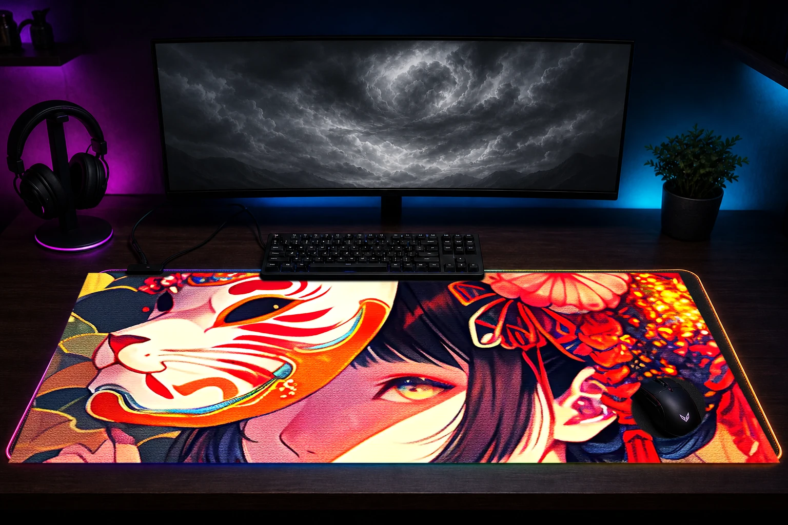 Cute girl wearing a mask RGB Desk Mat immersive setup scene
