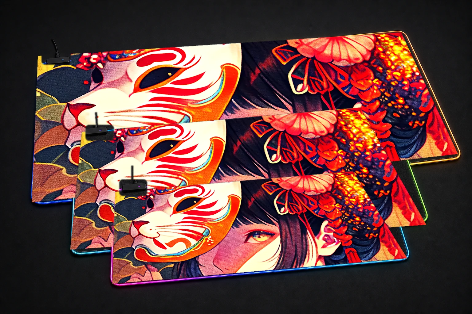 Cute girl wearing a mask RGB Desk Mat three-size comparison