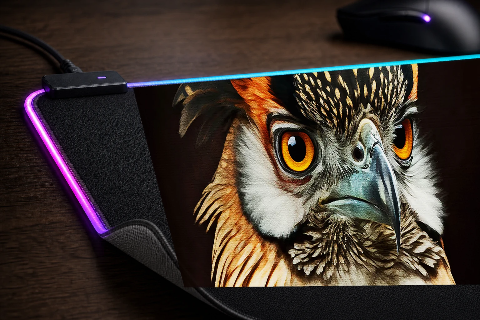 Portrait Birds RGB Desk Mat controller and material detail