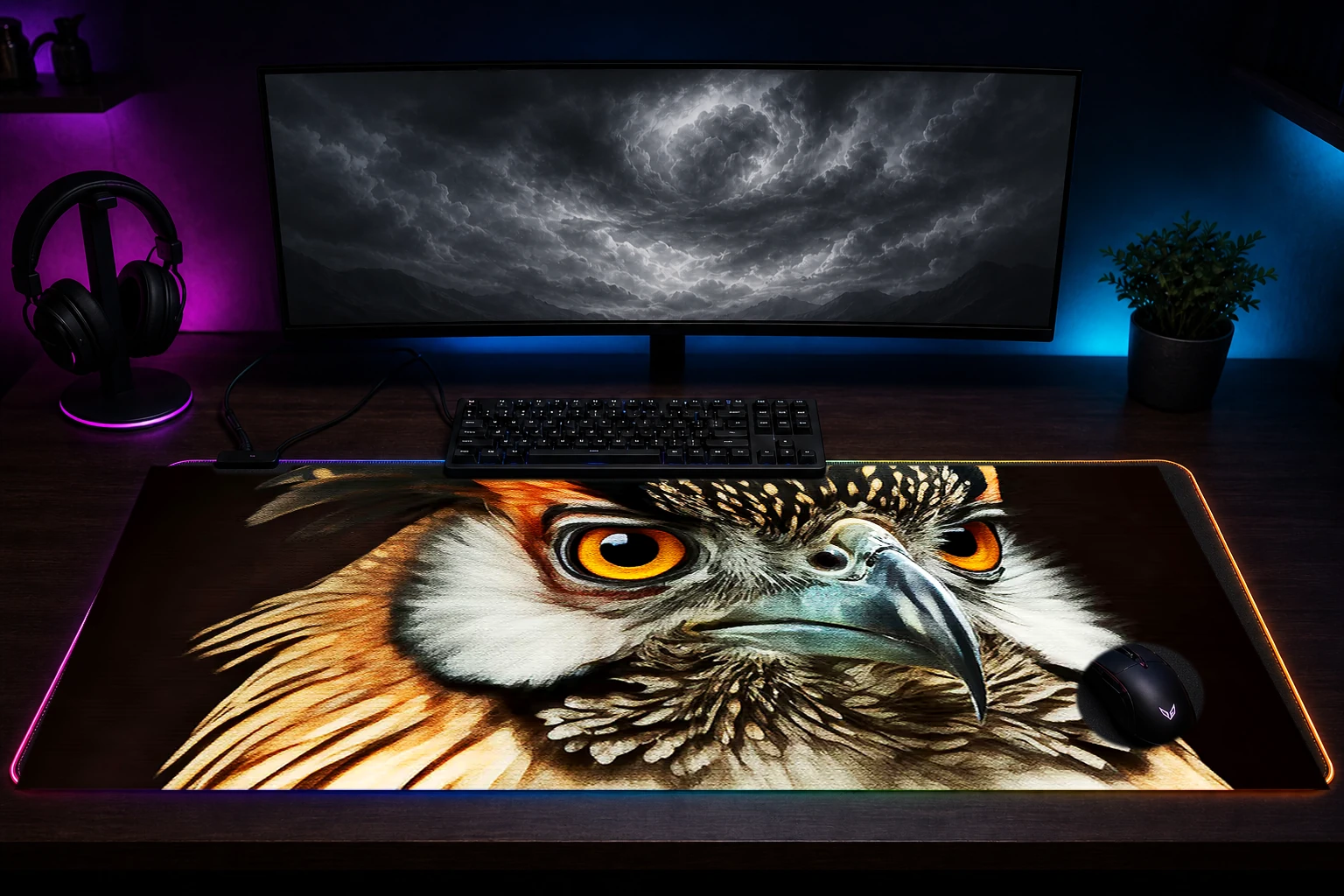 Portrait Birds RGB Desk Mat immersive setup scene
