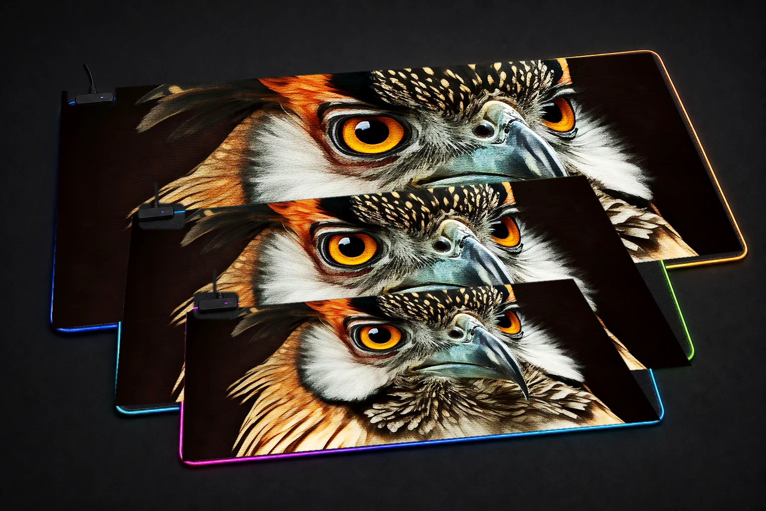 Portrait Birds RGB Desk Mat three-size comparison