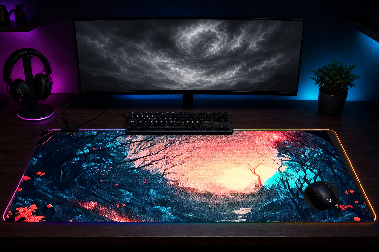 Magic River in Forest RGB Desk Mat immersive setup scene