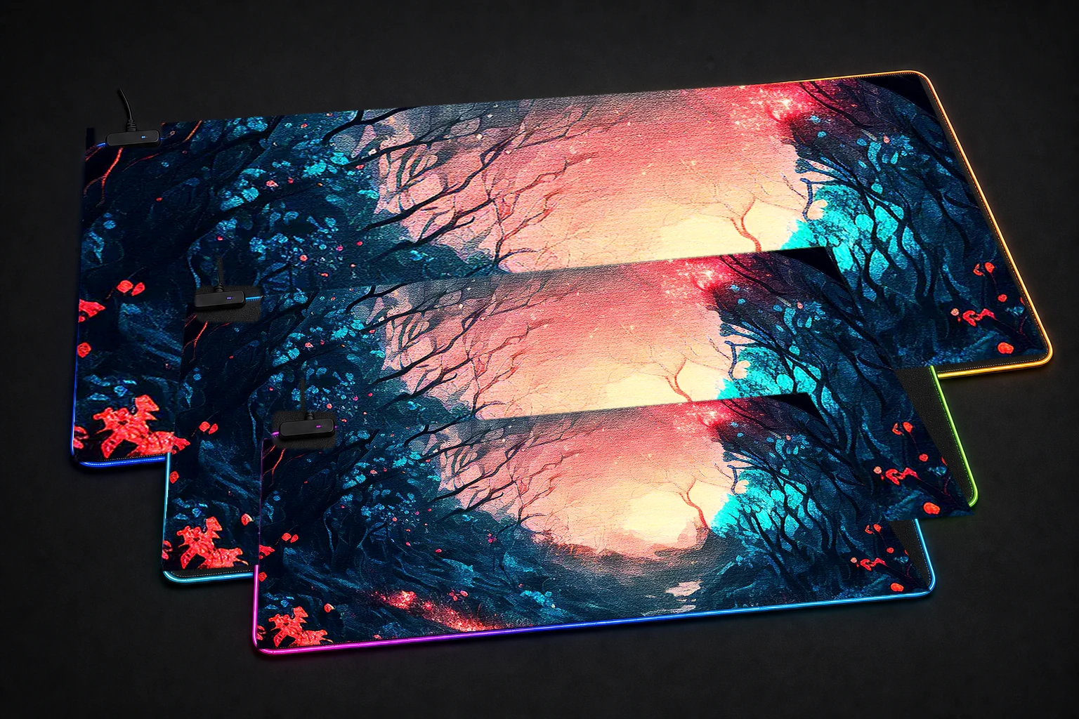 Magic River in Forest RGB Desk Mat three-size comparison