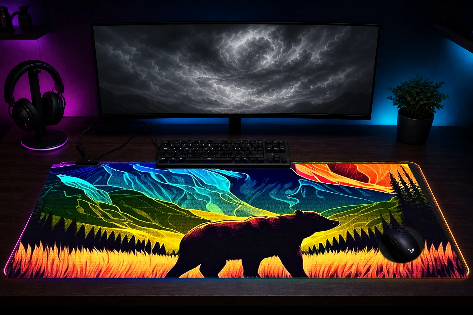 Colorful in Forest RGB Desk Mat immersive setup scene
