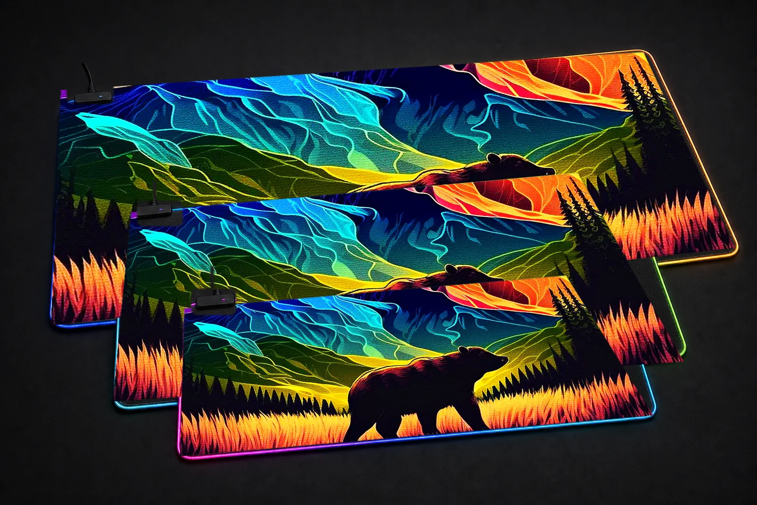 Colorful in Forest RGB Desk Mat three-size comparison