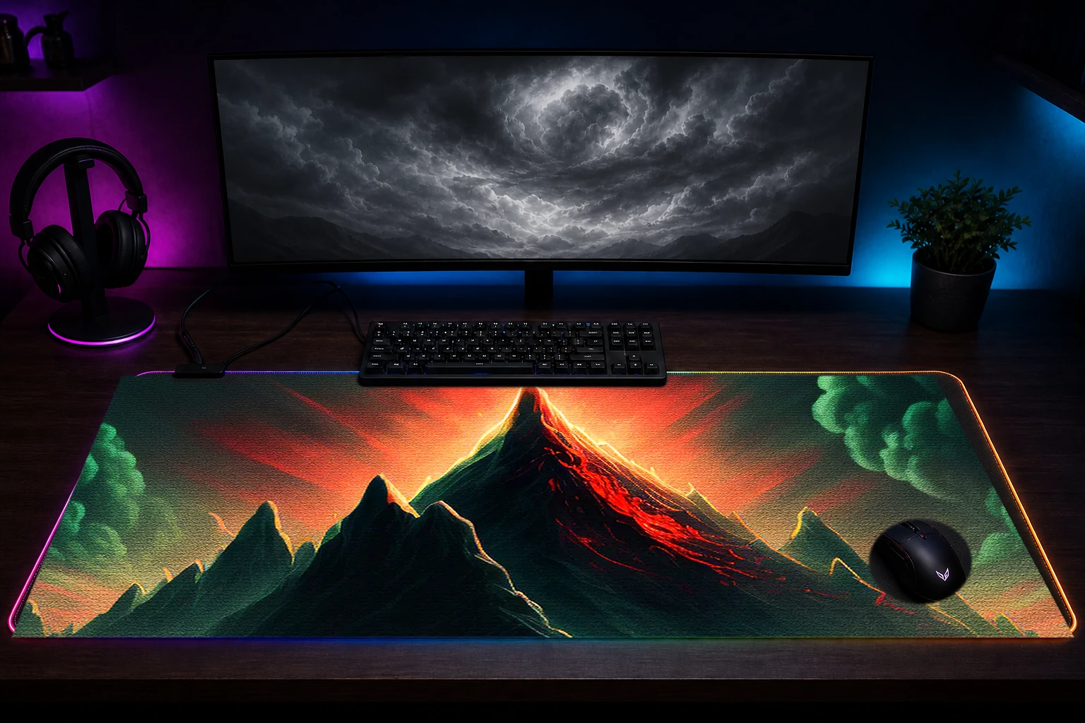 Mystical Mountains RGB Desk Mat immersive setup scene