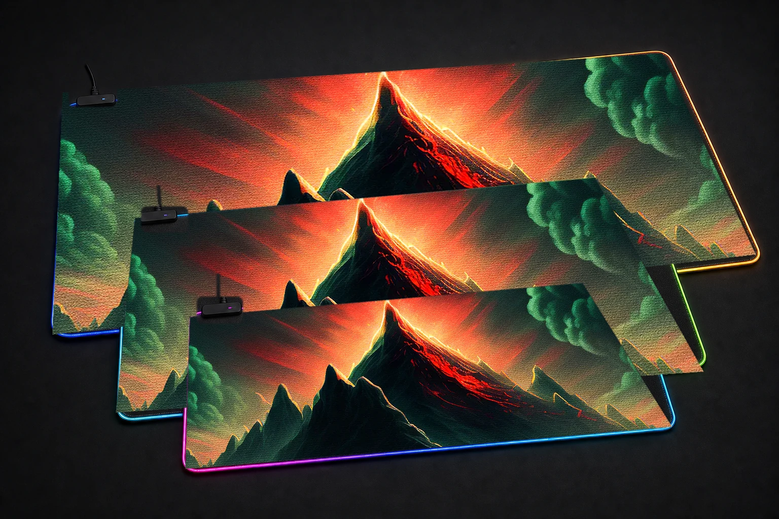 Mystical Mountains RGB Desk Mat three-size comparison