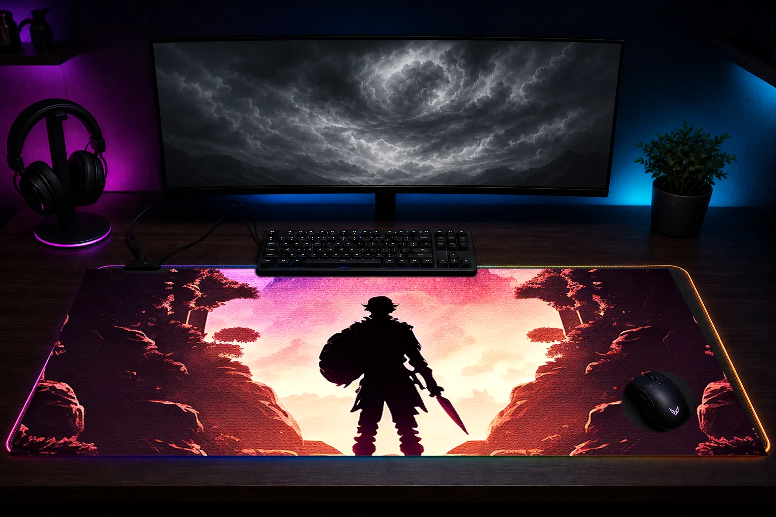 Adventurers Fantasy RGB Desk Mat immersive setup scene