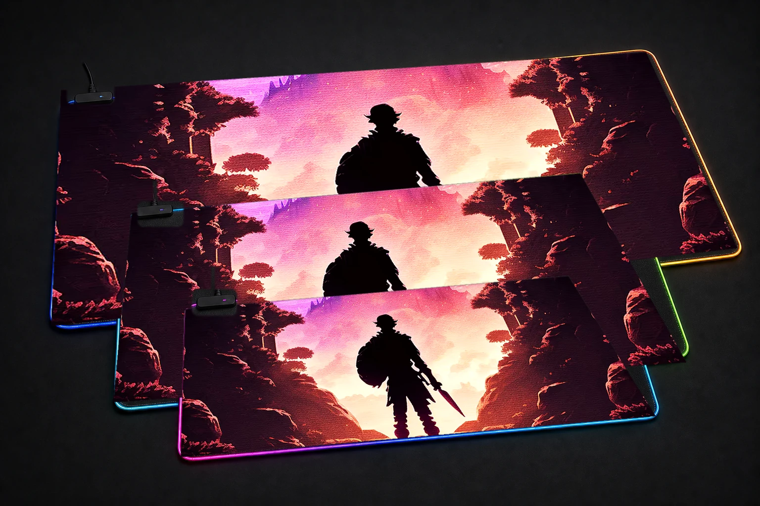 Adventurers Fantasy RGB Desk Mat three-size comparison