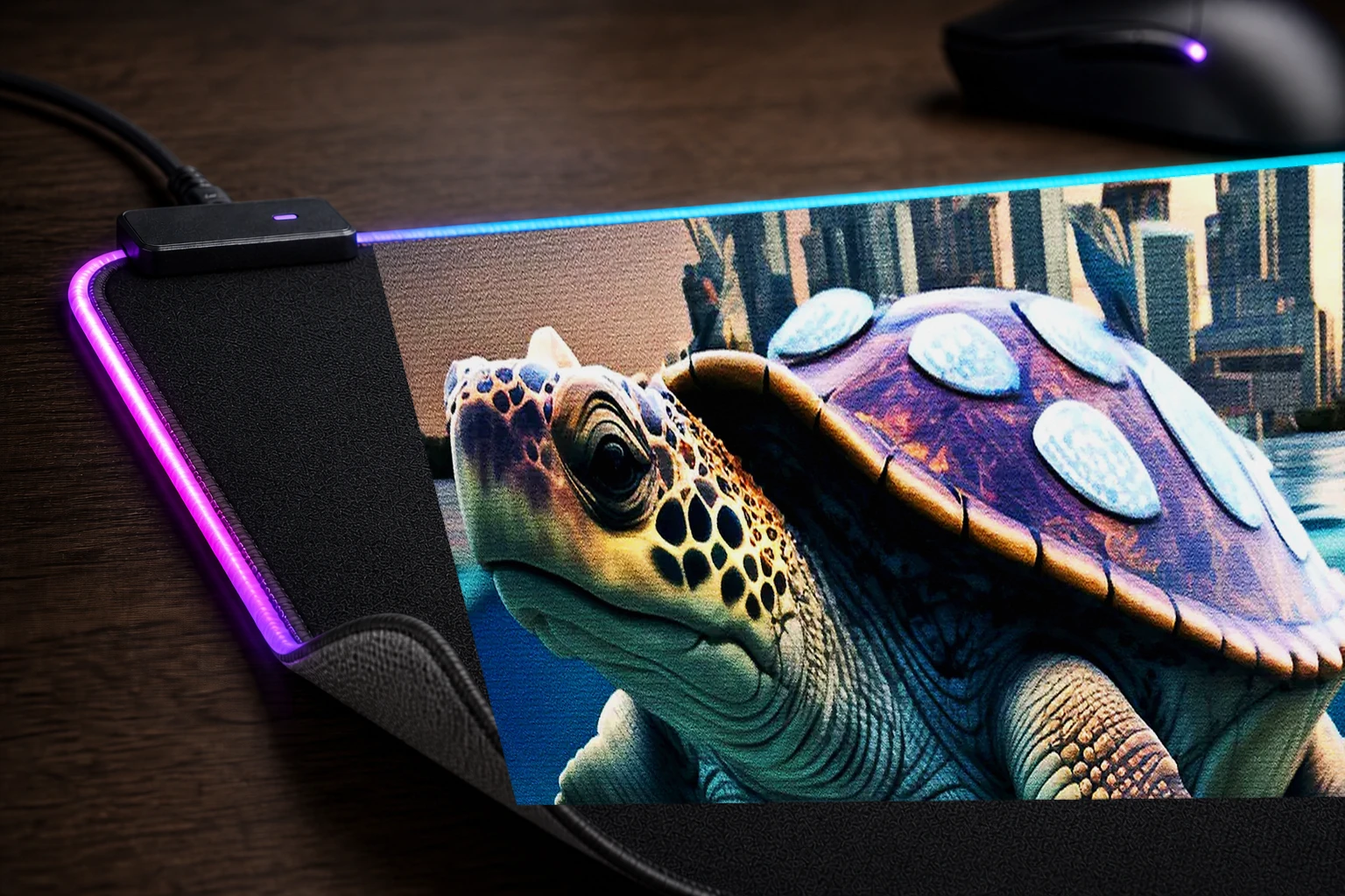Turtle Journey to the City RGB Desk Mat controller and material detail