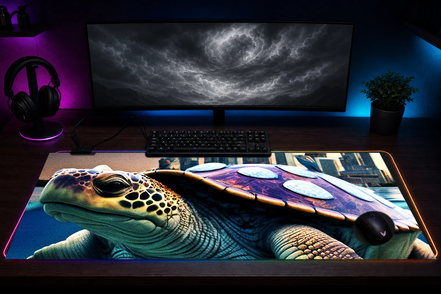 Turtle Journey to the City RGB Desk Mat immersive setup scene