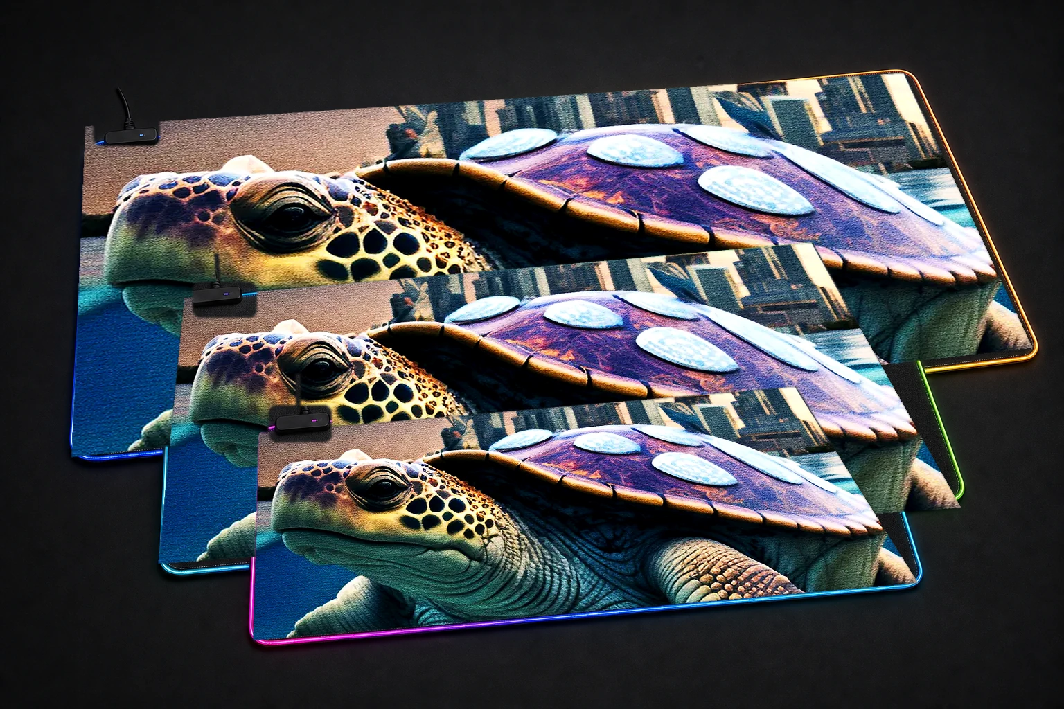 Turtle Journey to the City RGB Desk Mat three-size comparison