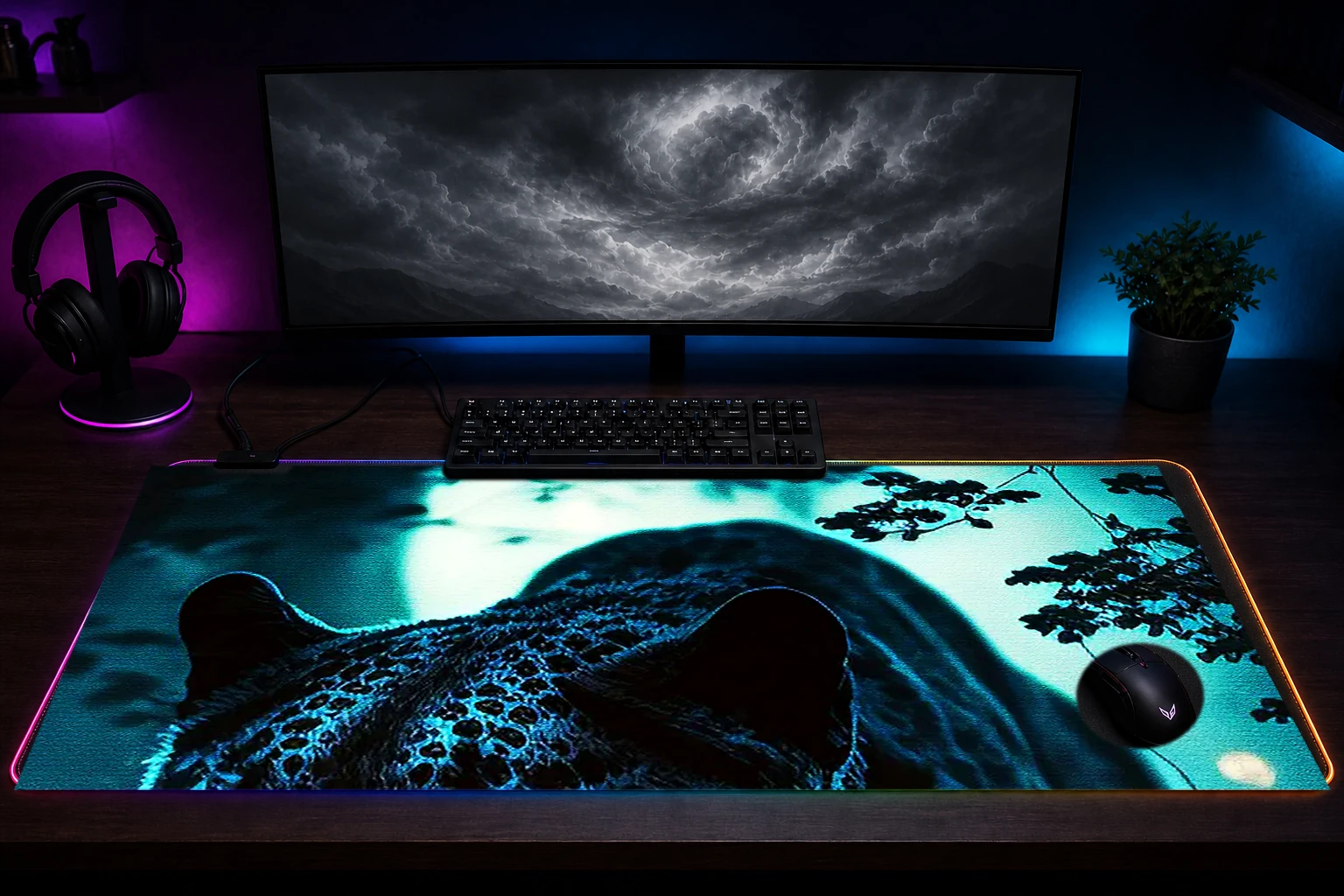 Panther In The Dark Forest RGB Desk Mat immersive setup scene