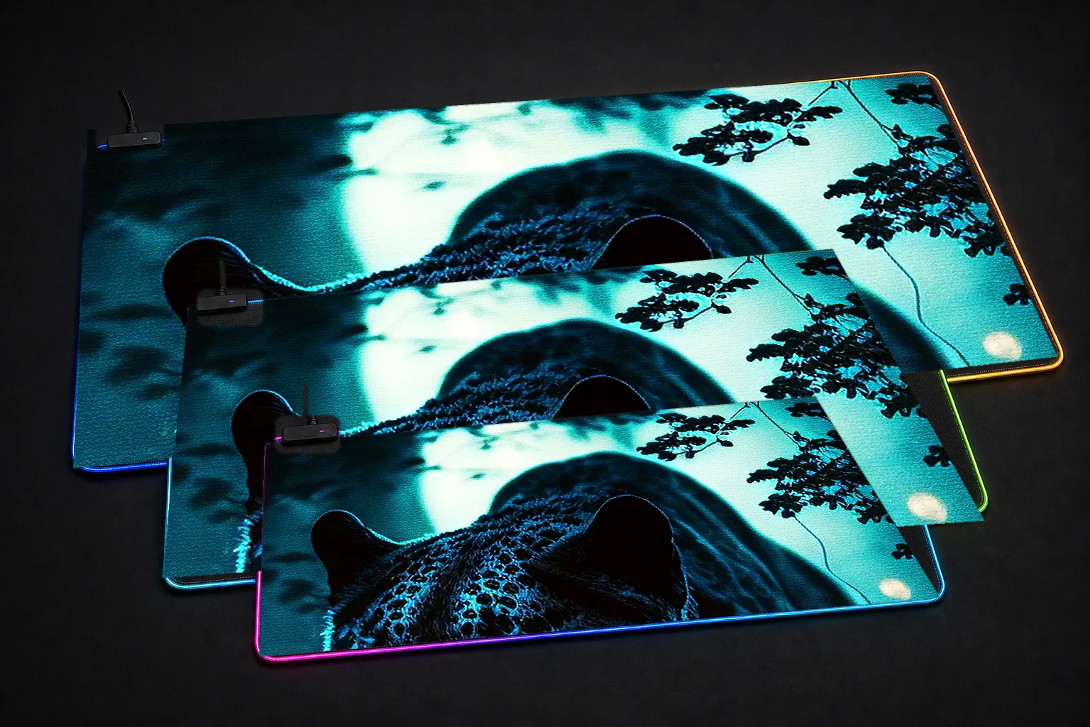 Panther In The Dark Forest RGB Desk Mat three-size comparison