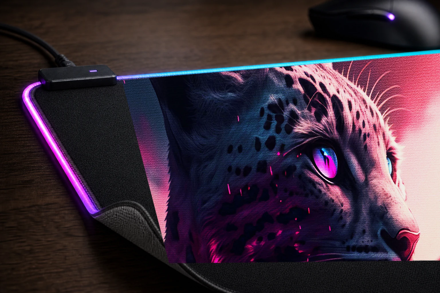 Leopard Portrait RGB Desk Mat controller and material detail