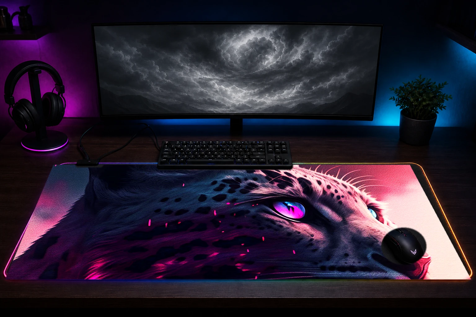 Leopard Portrait RGB Desk Mat immersive setup scene