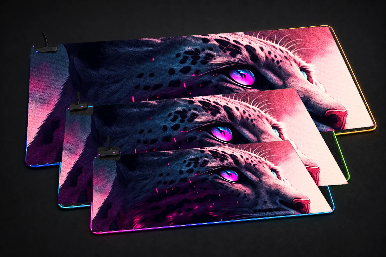 Leopard Portrait RGB Desk Mat three-size comparison