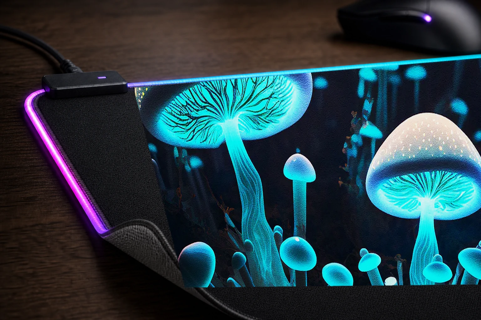 Neon Mushroom RGB Desk Mat controller and material detail