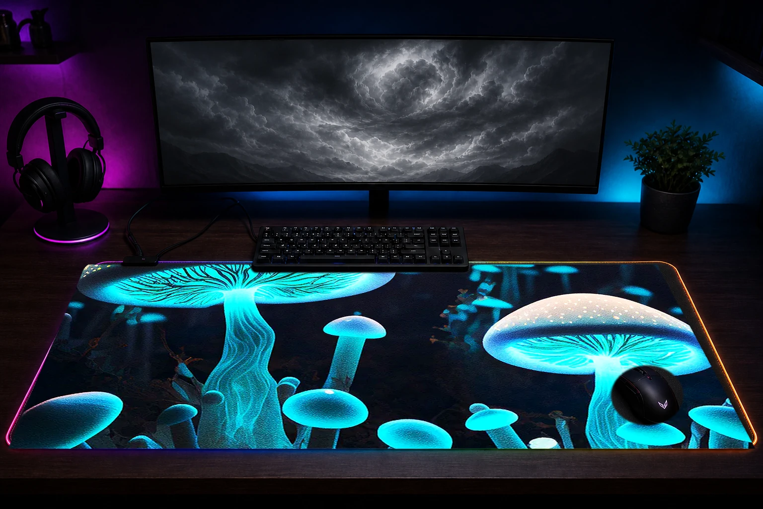 Neon Mushroom RGB Desk Mat immersive setup scene