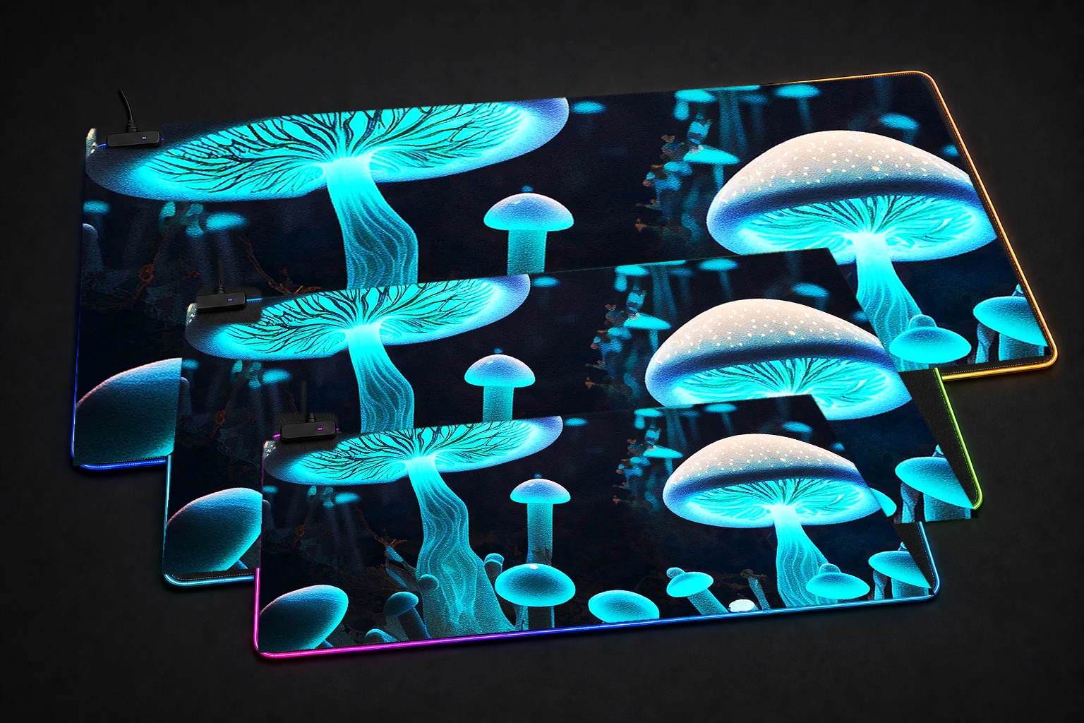 Neon Mushroom RGB Desk Mat three-size comparison