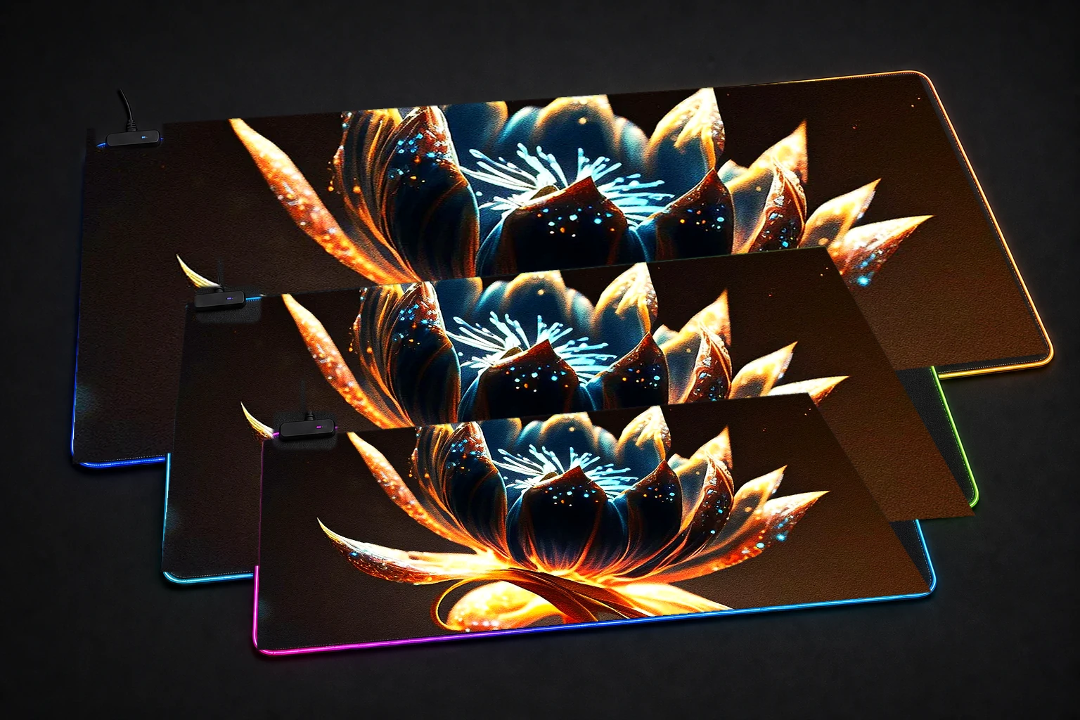Flower alien planet RGB Desk Mat three-size comparison