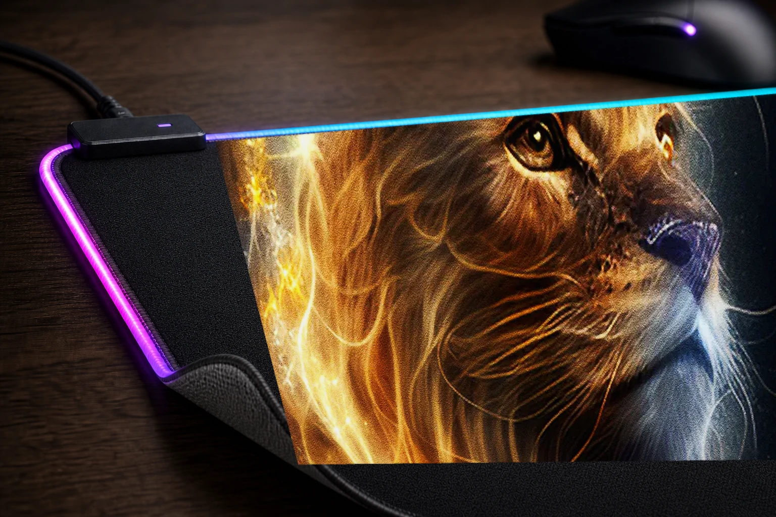 Lion Line art RGB Desk Mat controller and material detail
