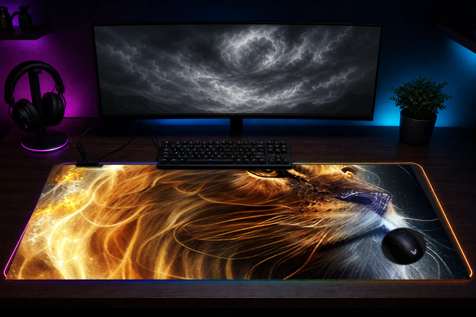 Lion Line art RGB Desk Mat immersive setup scene