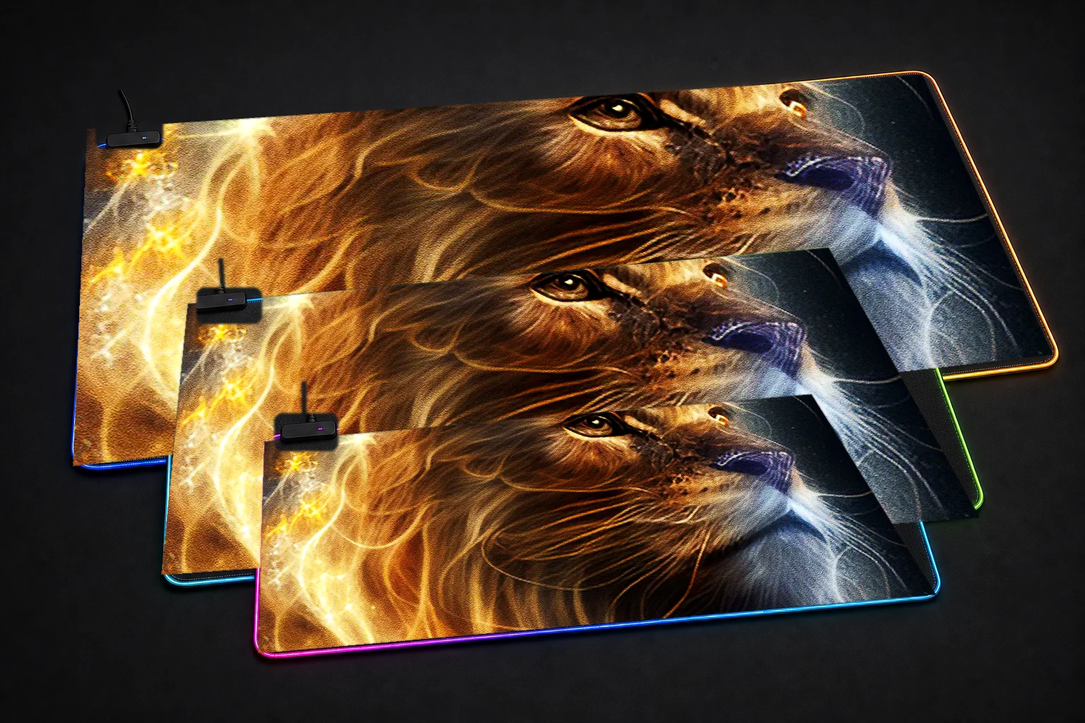 Lion Line art RGB Desk Mat three-size comparison