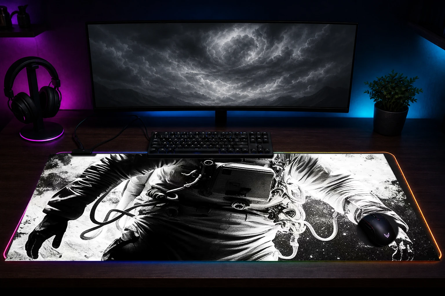 Astronaut Journey RGB Desk Mat immersive setup scene