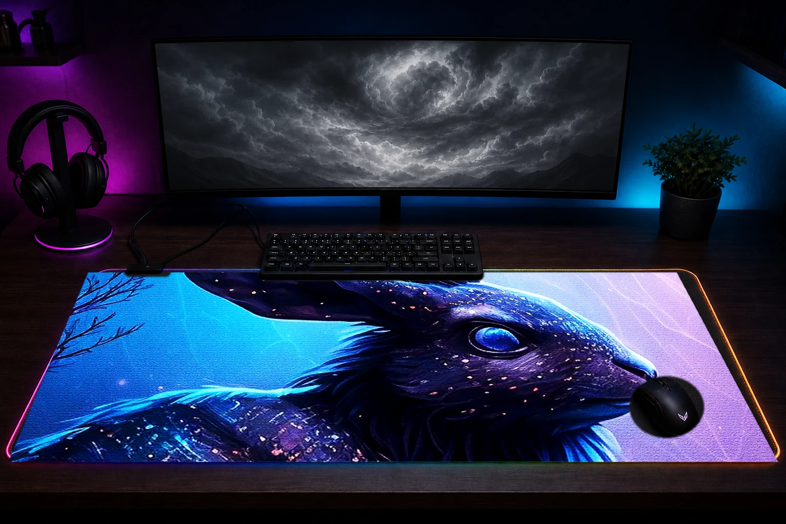 Painting Rabbit RGB Desk Mat immersive setup scene