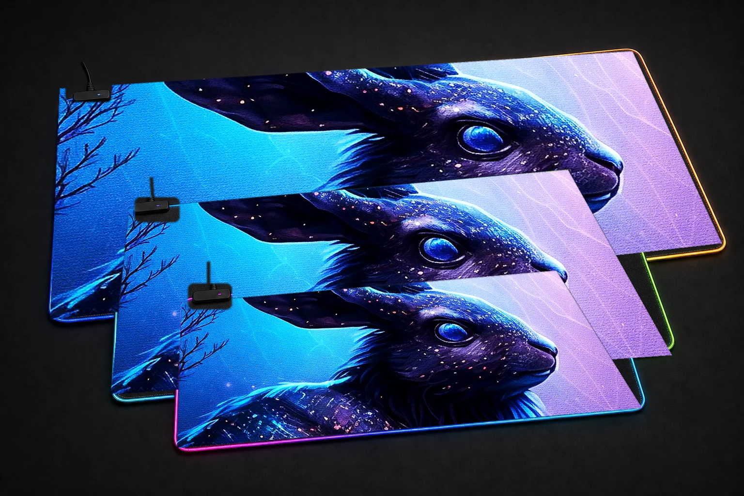Painting Rabbit RGB Desk Mat three-size comparison
