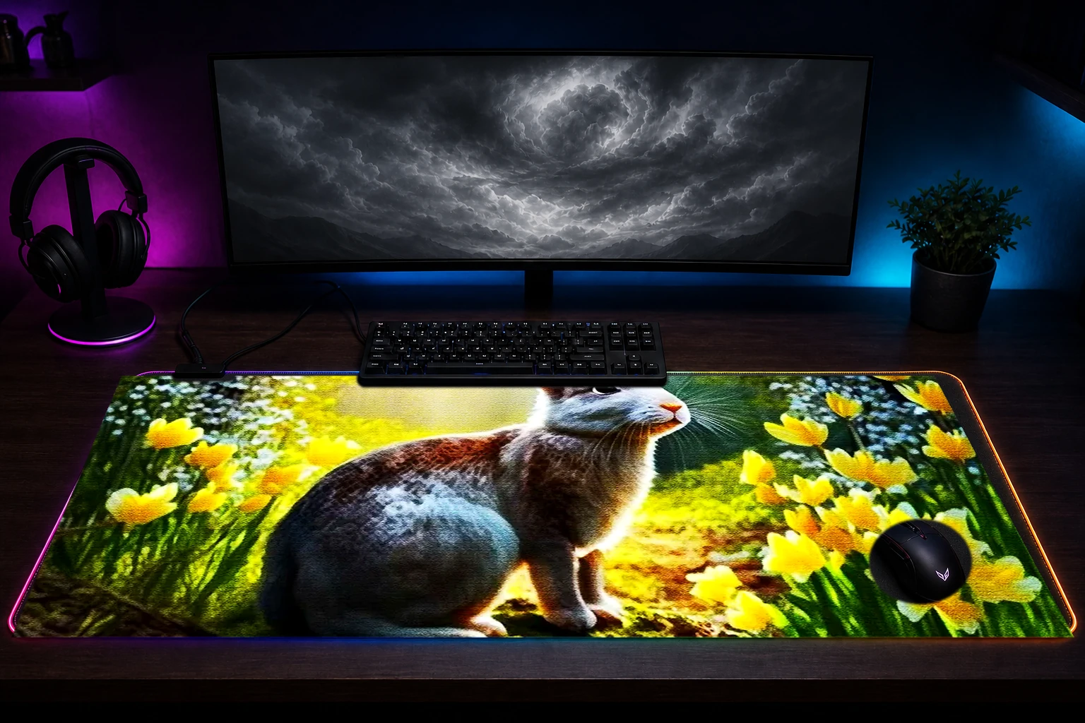 Beautiful Forest RGB Desk Mat immersive setup scene