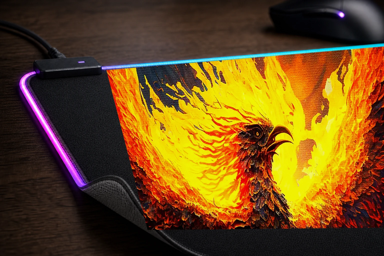 Abstract Art Phoenix RGB Desk Mat controller and material detail