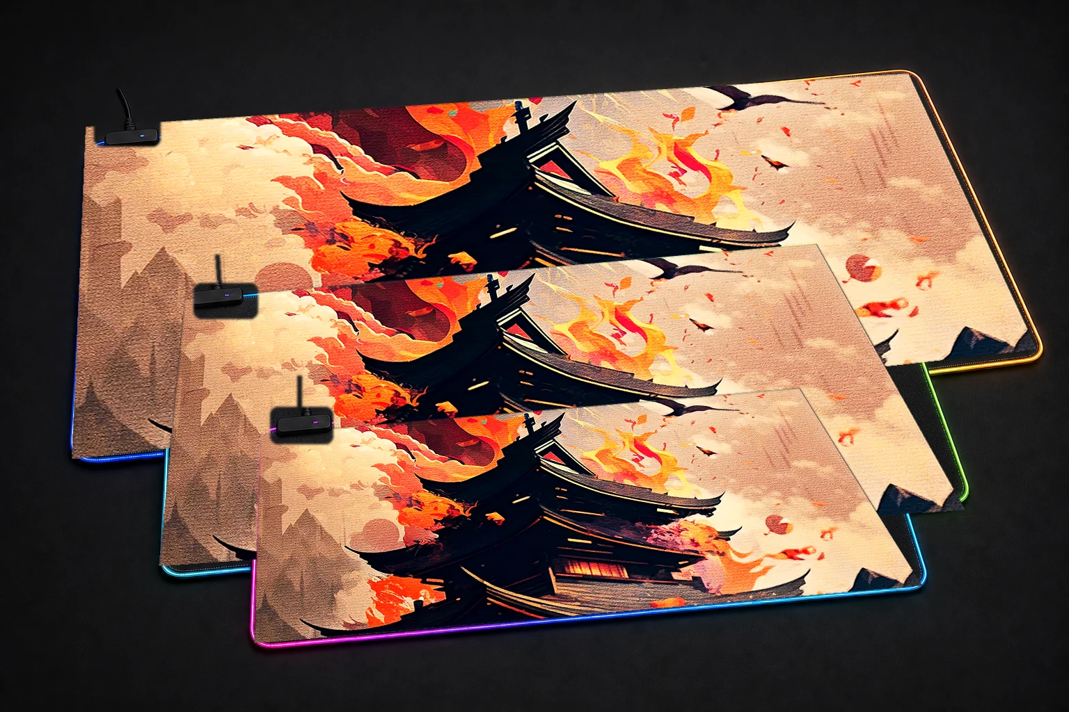 Fantasy Japan Art RGB Desk Mat three-size comparison