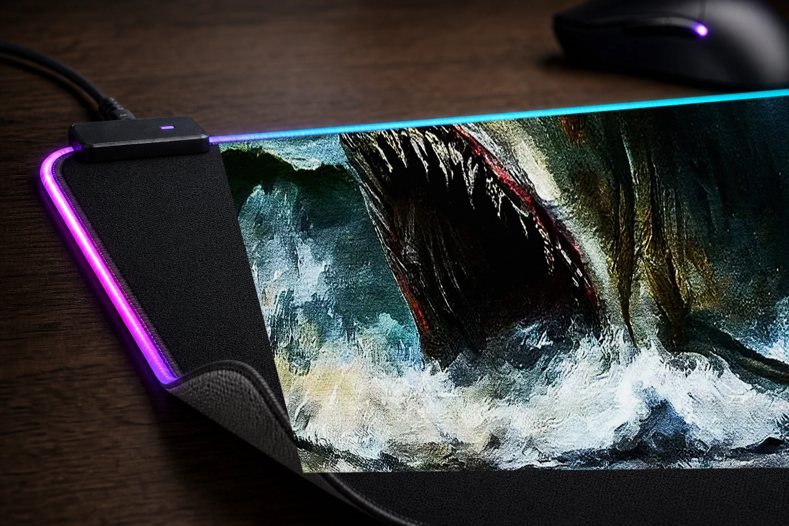 Towering Shark monster RGB Desk Mat controller and material detail