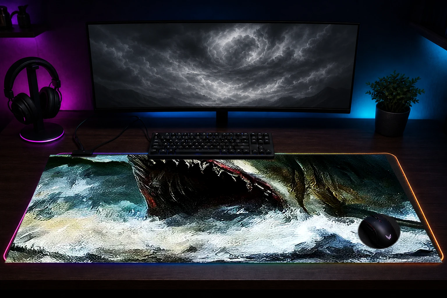 Towering Shark monster RGB Desk Mat immersive setup scene