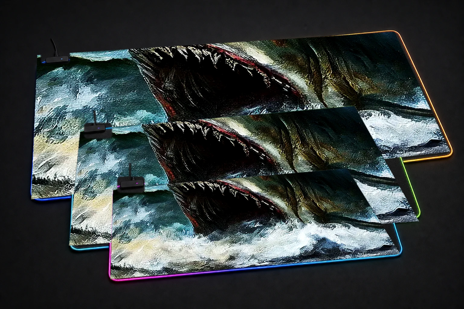 Towering Shark monster RGB Desk Mat three-size comparison