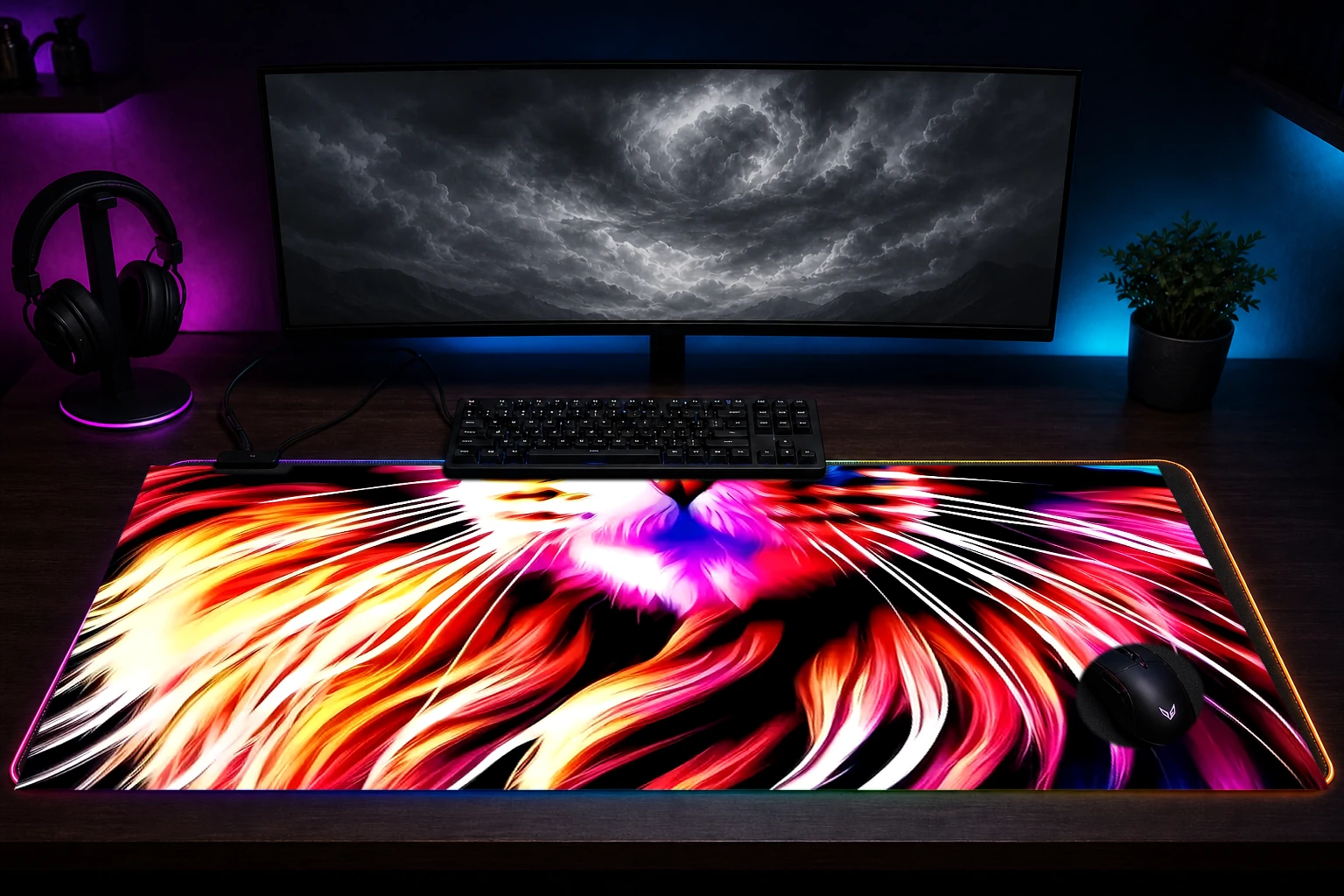 Cat RGB Desk Mat immersive setup scene