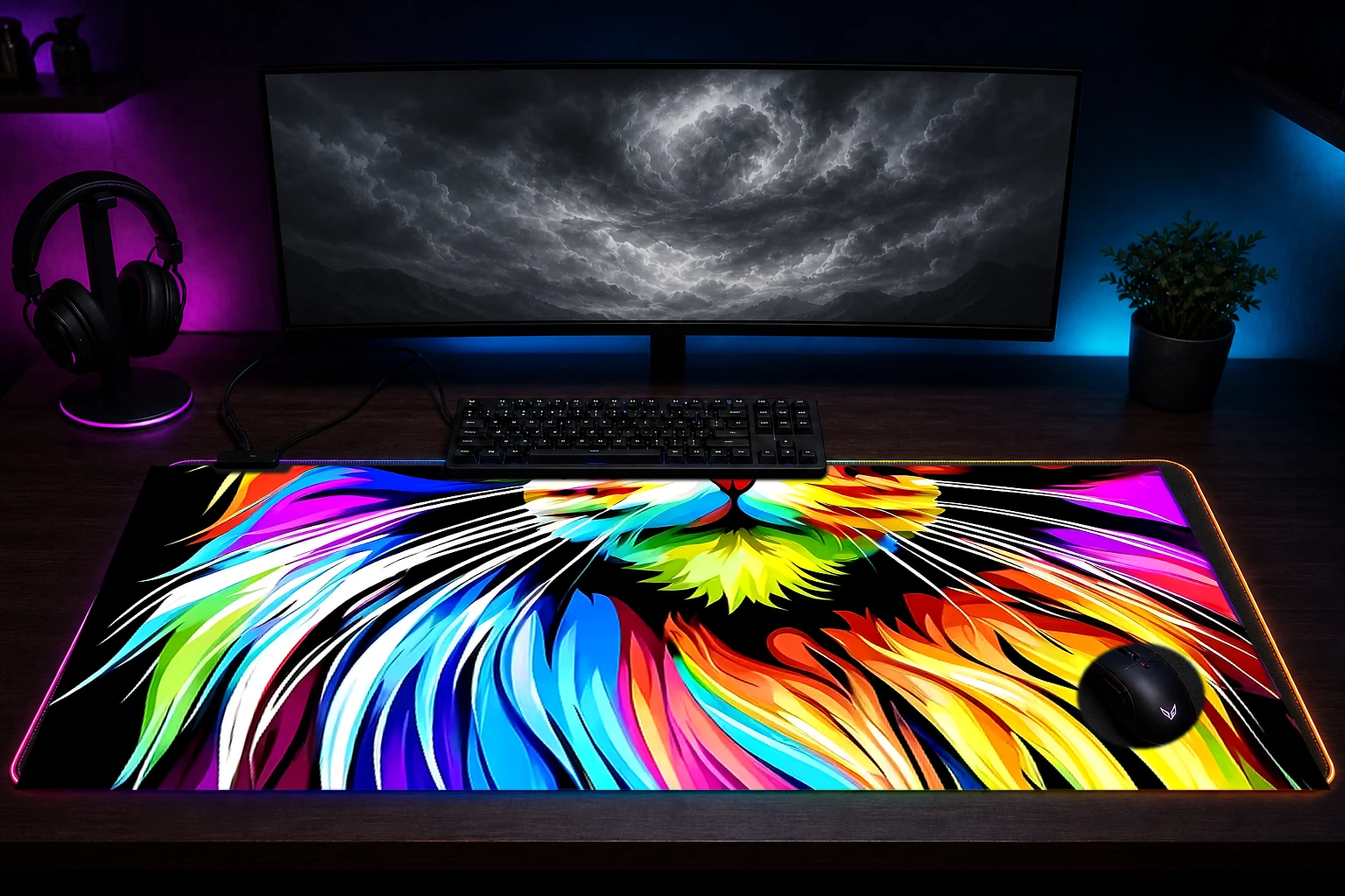 Cat RGB Desk Mat immersive setup scene