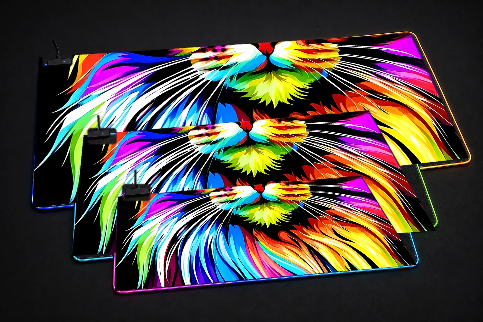 Cat RGB Desk Mat three-size comparison