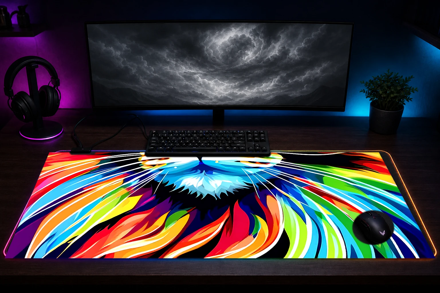 Cat RGB Desk Mat immersive setup scene