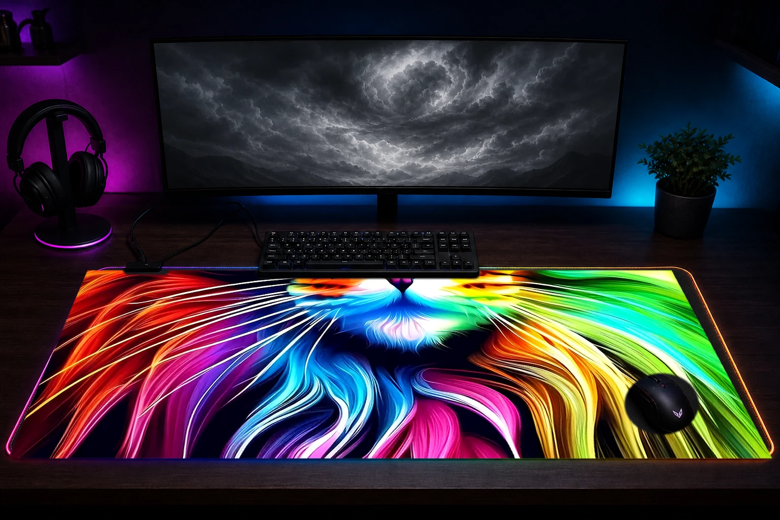 Cat RGB Desk Mat immersive setup scene