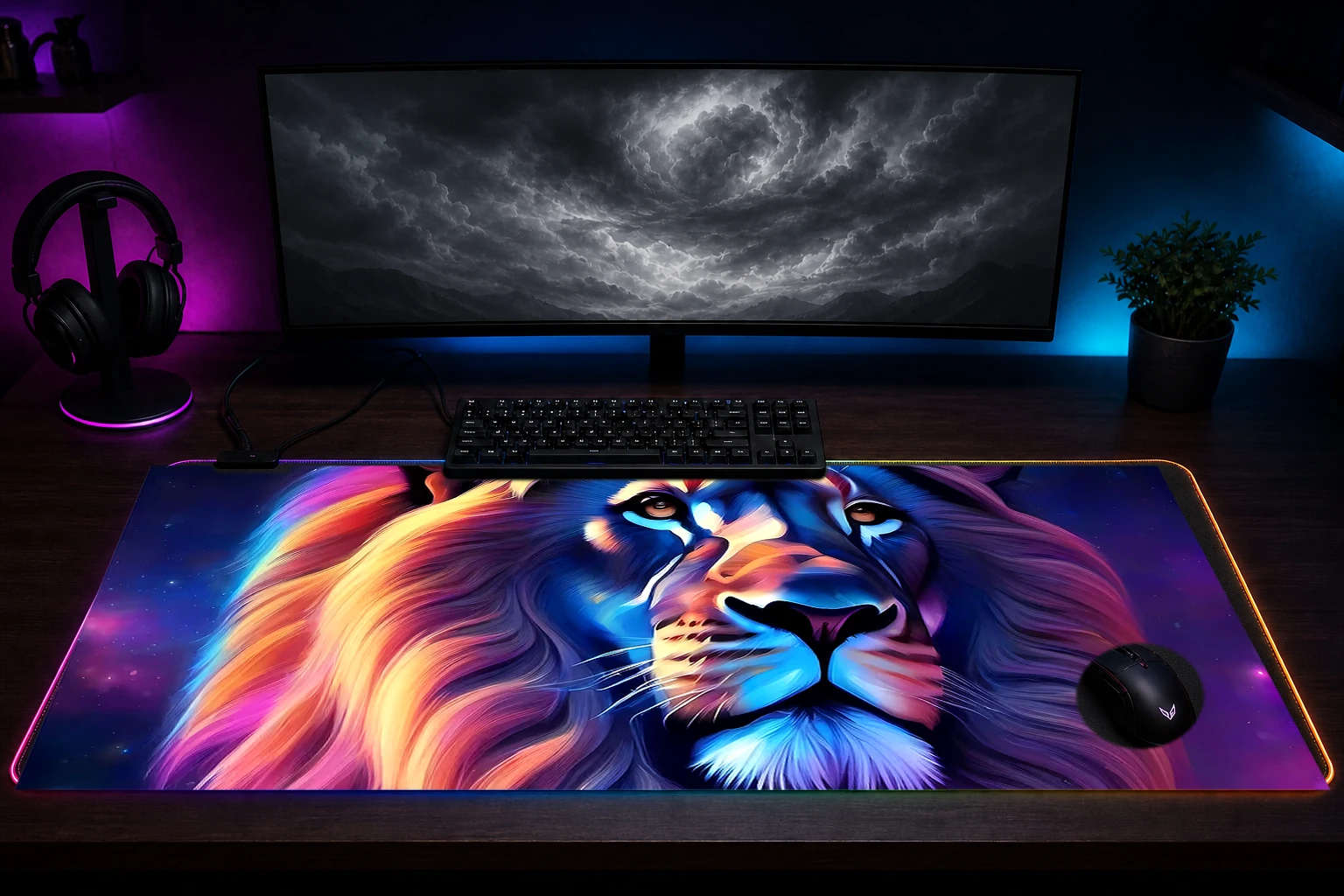 Space Lion RGB Desk Mat immersive setup scene