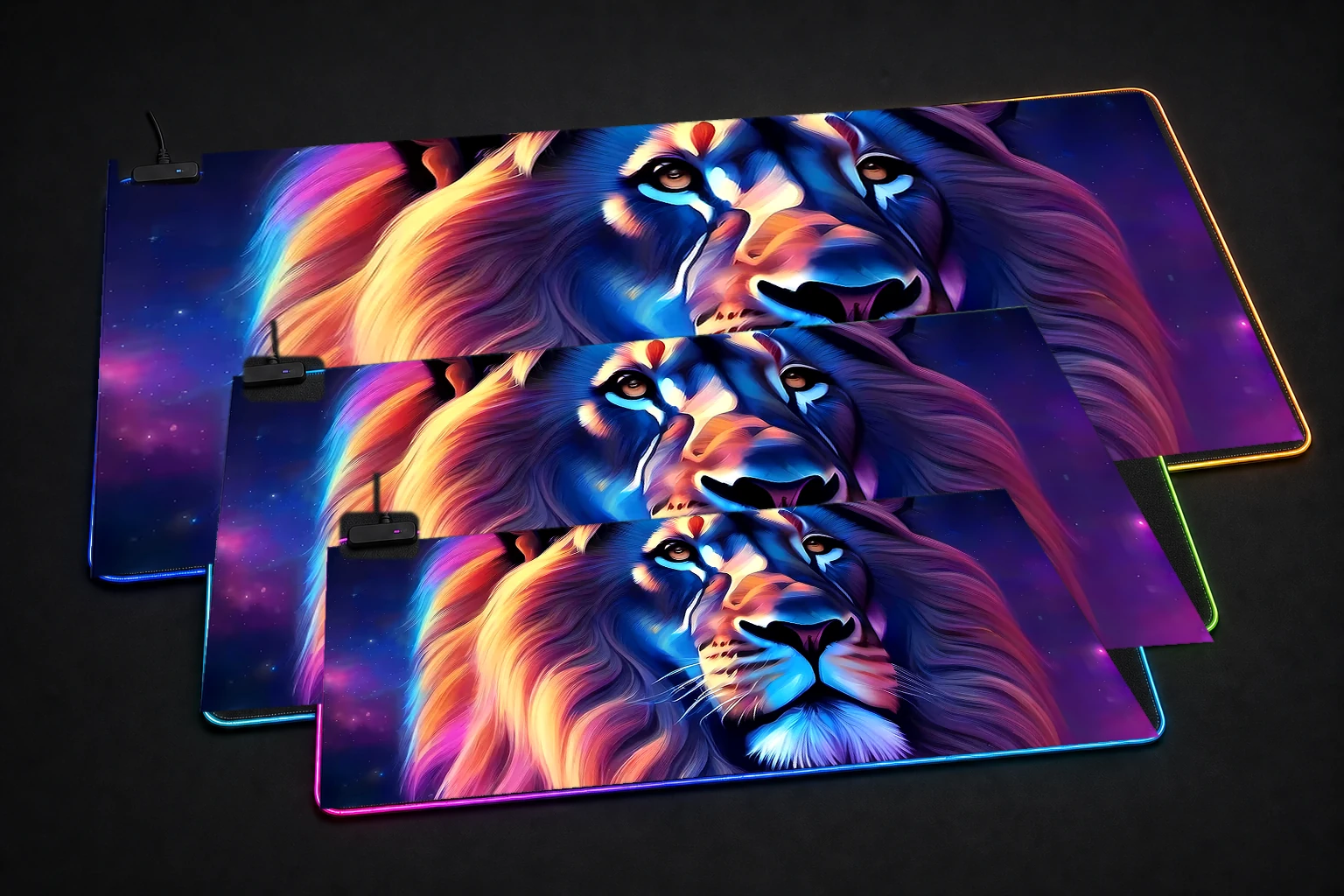 Space Lion RGB Desk Mat three-size comparison